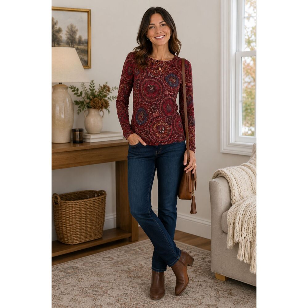 Talbots Petite 100% Merino Wool Paisley Sweater MP Red Blue Lightweight Knit